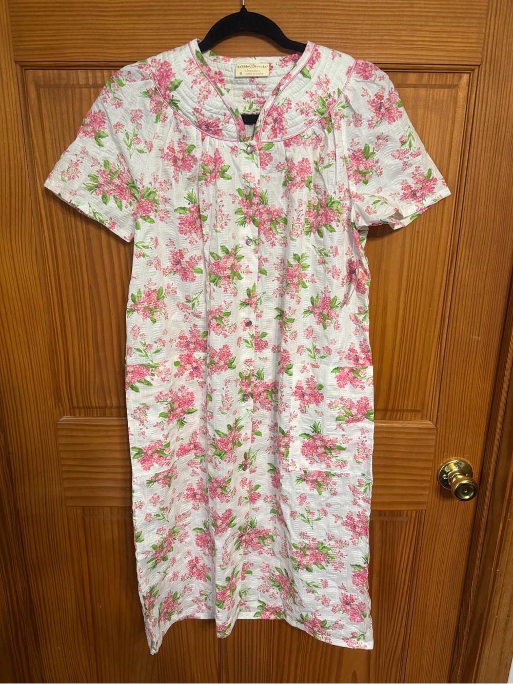 Vintage Deadstock Bobbie Brooks Pink Floral Cotton Granny Gown Housecoat Small